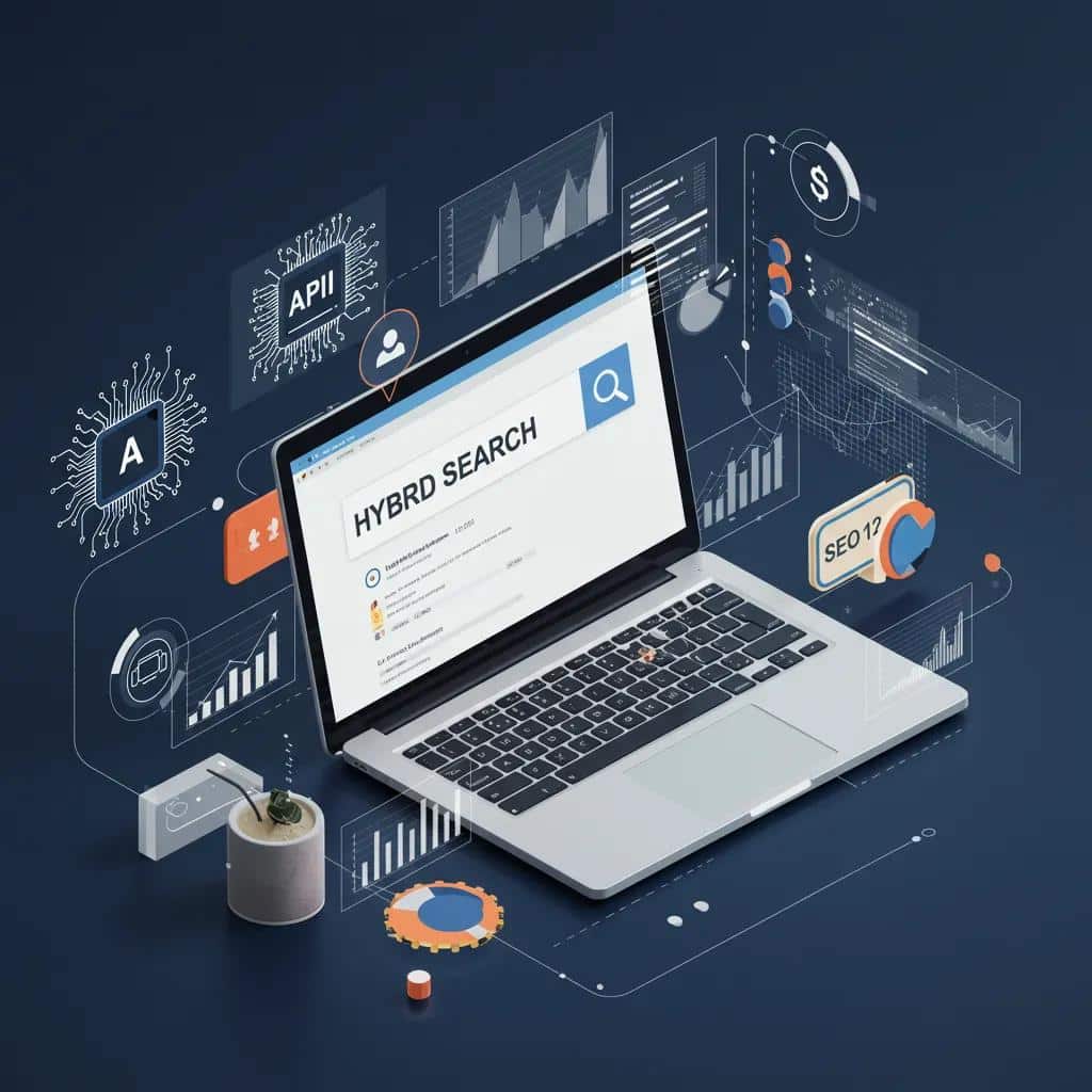 Dynamic hybrid search concept blending SEO and AI elements in a modern digital workspace