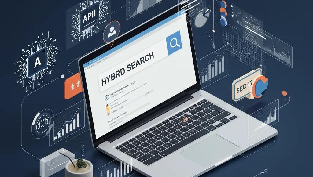 Dynamic hybrid search concept blending SEO and AI elements in a modern digital workspace