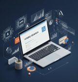 Dynamic hybrid search concept blending SEO and AI elements in a modern digital workspace