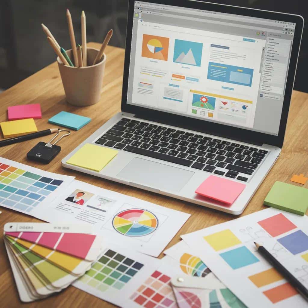 Modern web design workspace with a laptop displaying a creative website, emphasizing functionality and human-centered design