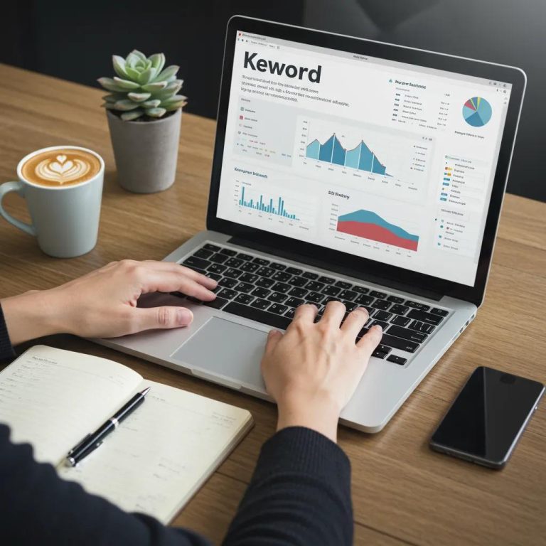 Person reviewing keyword trends on a laptop in a bright workspace