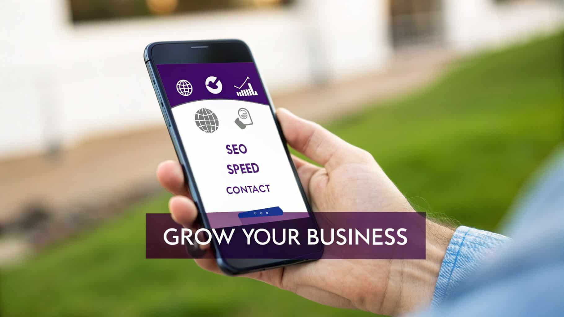 A hand holds a smartphone displaying SEO, Speed, Contact options. A banner reads Grow Your Business.