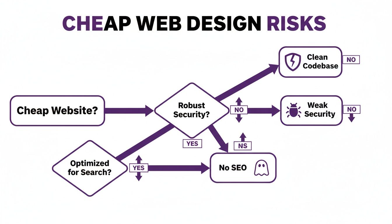 Flowchart outlining the significant risks of cheap web design, such as weak security, unclean codebase, and poor SEO.