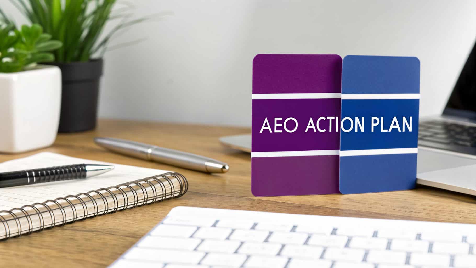 Two colorful cards displaying 'AEO ACTION PLAN' on a wooden desk with office supplies.