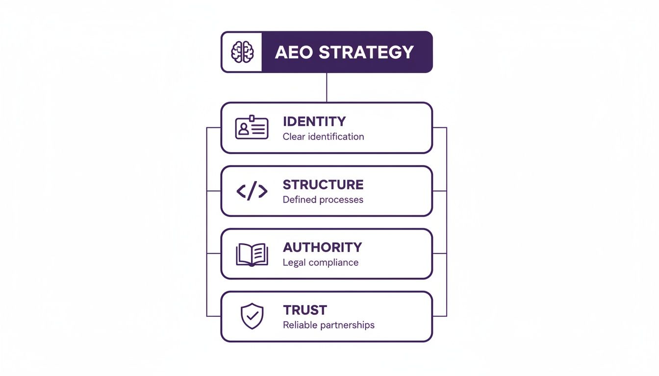 Flowchart illustrating the AEO Strategy and its four core components: Identity, Structure, Authority, Trust.