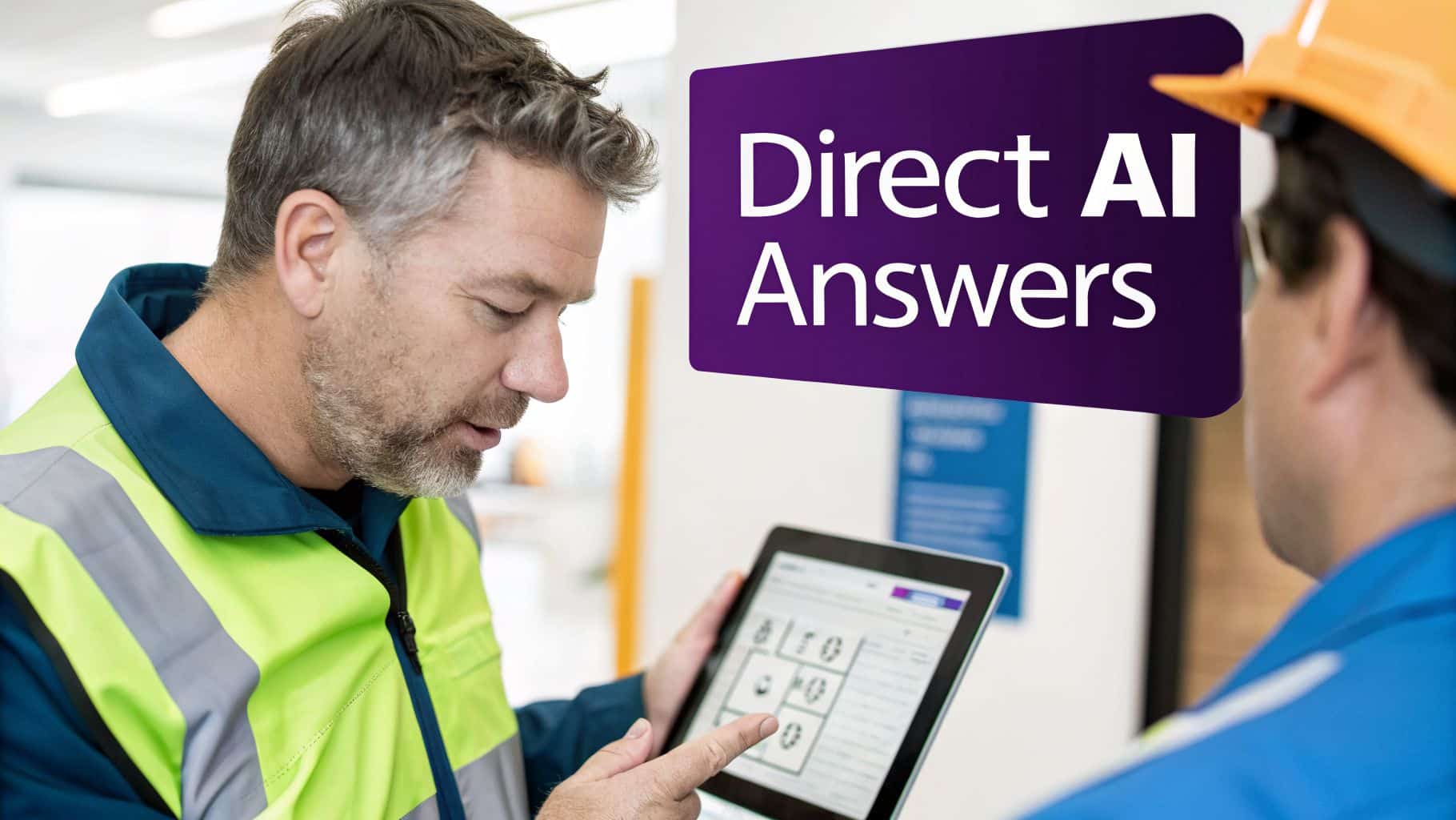 Two industrial workers in hi-vis gear collaborating on a tablet displaying 'Direct AI Answers'.