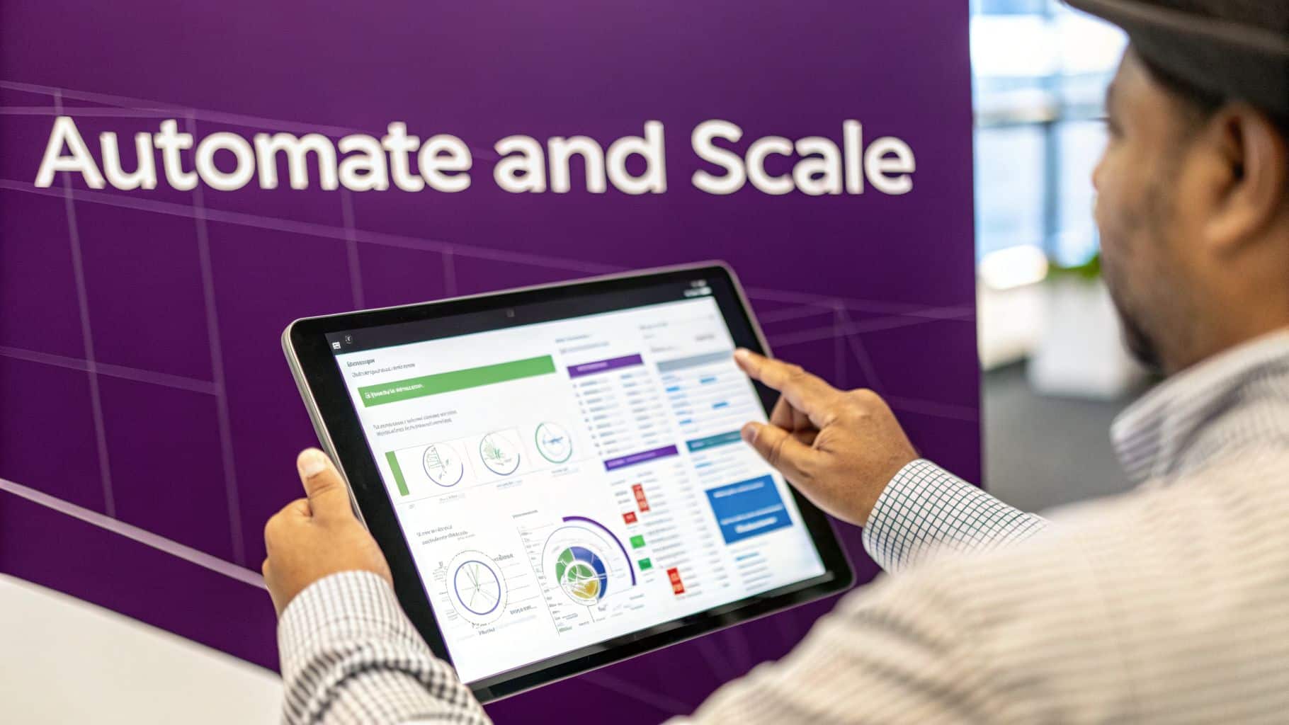 Close-up of a person using a tablet to view business analytics, with "Automate and Scale" in the background.