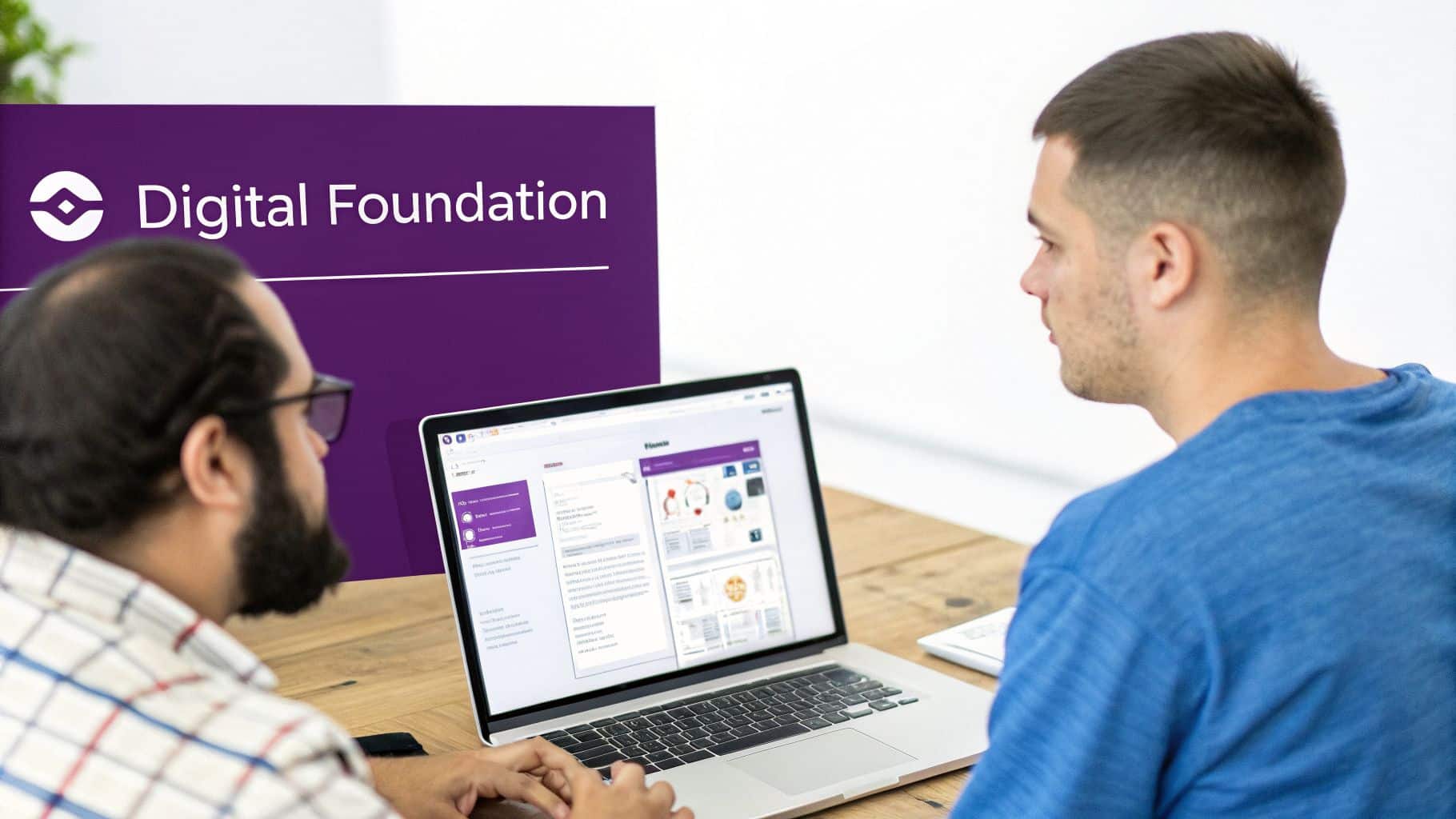 Two men collaborating on a laptop, viewing a 'Digital Foundation' website, enhancing digital transformation.