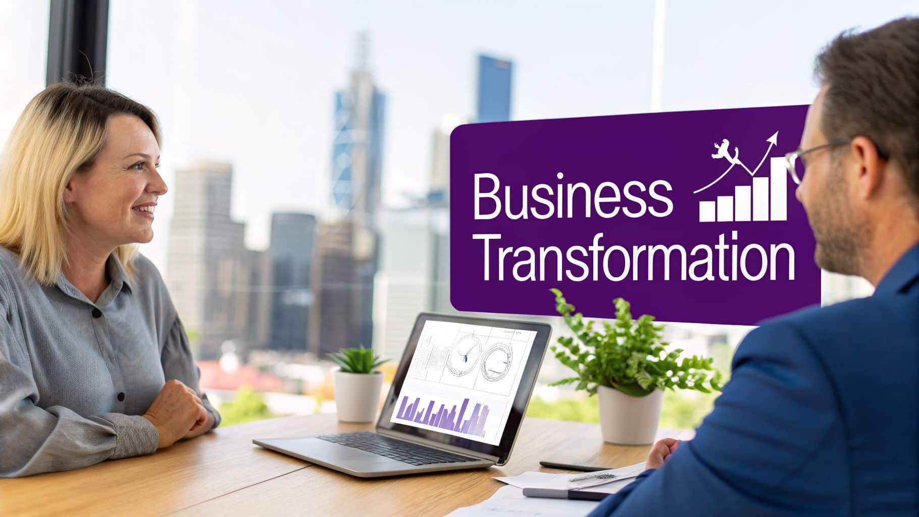 Two professionals discuss business transformation in an office, overlooking a city skyline.