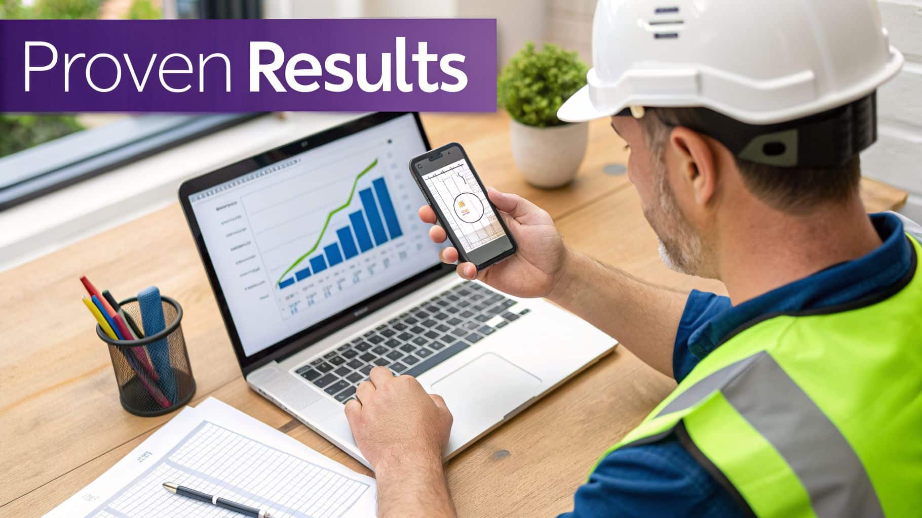 Construction worker in hard hat analyzes business data on laptop and smartphone for proven results.