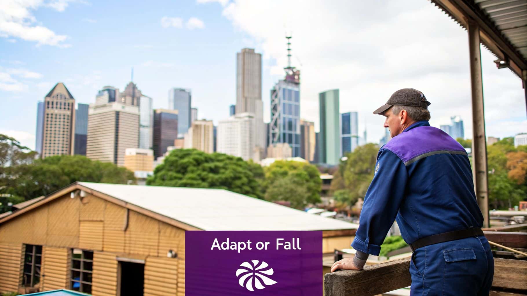 A man in uniform looks out from a balcony at a modern city skyline with tall buildings, featuring 'Adapt or Fall' text.