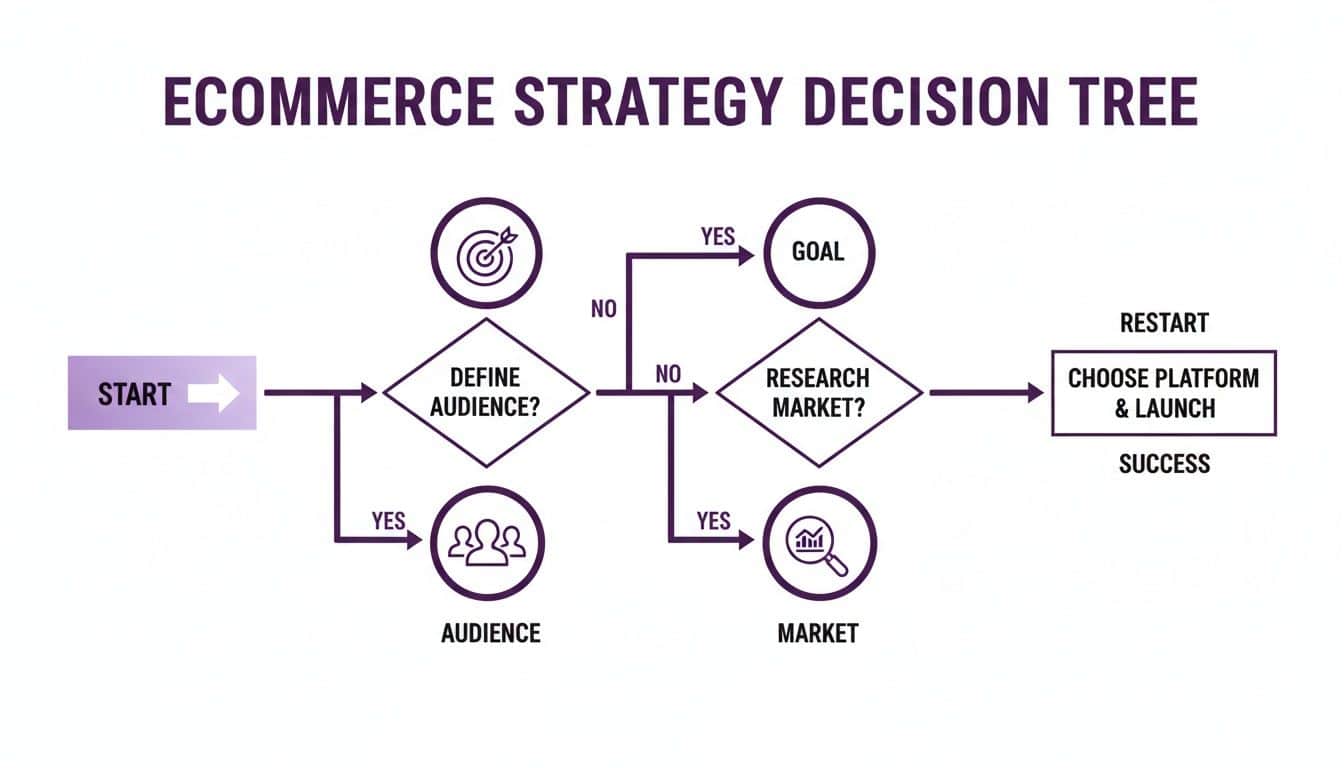 A decision tree for e-commerce strategy, covering audience definition, goal setting, and market research.