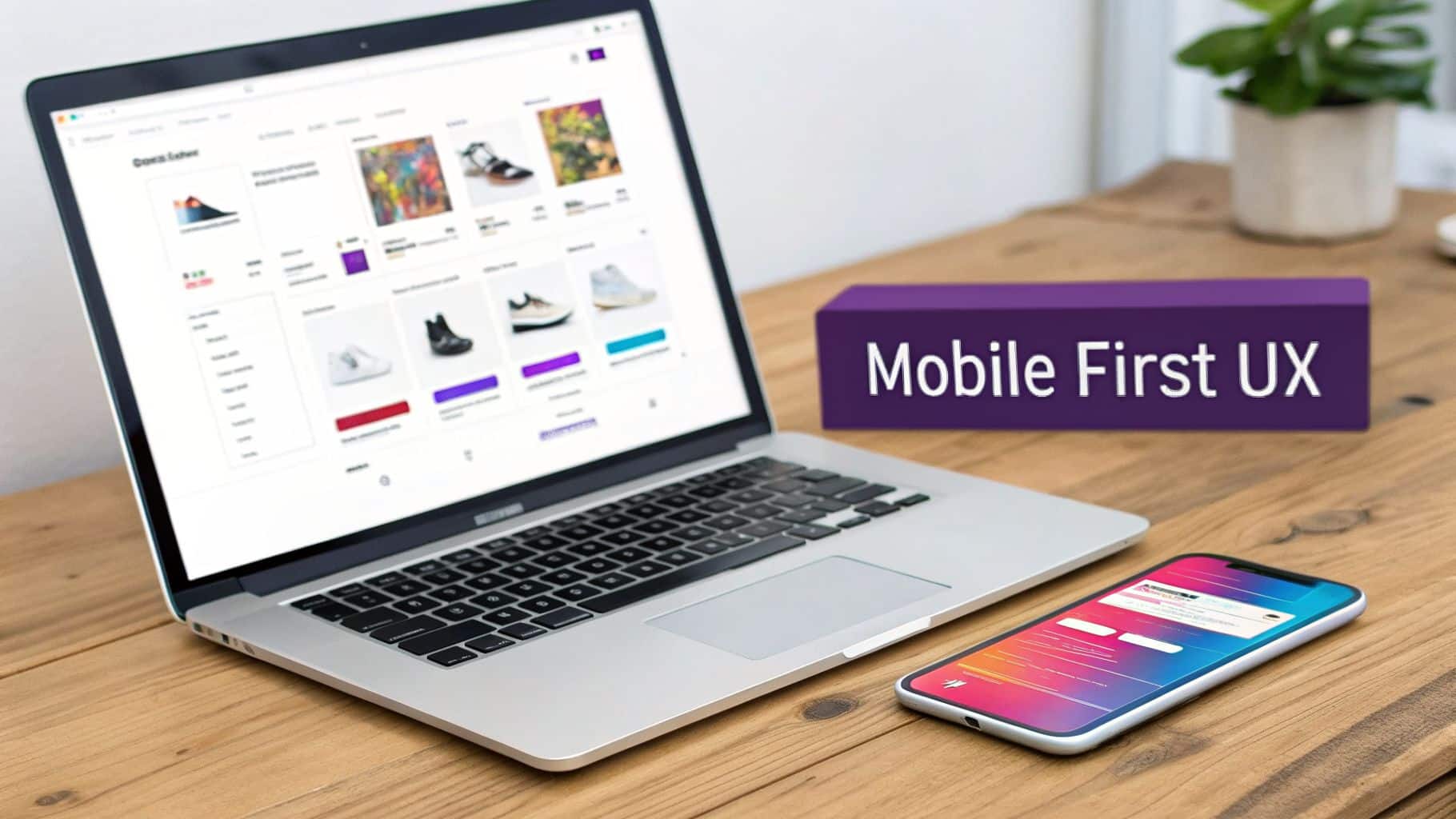Laptop and smartphone displaying e-commerce websites, with a 'Mobile First UX' sign on a wooden desk.