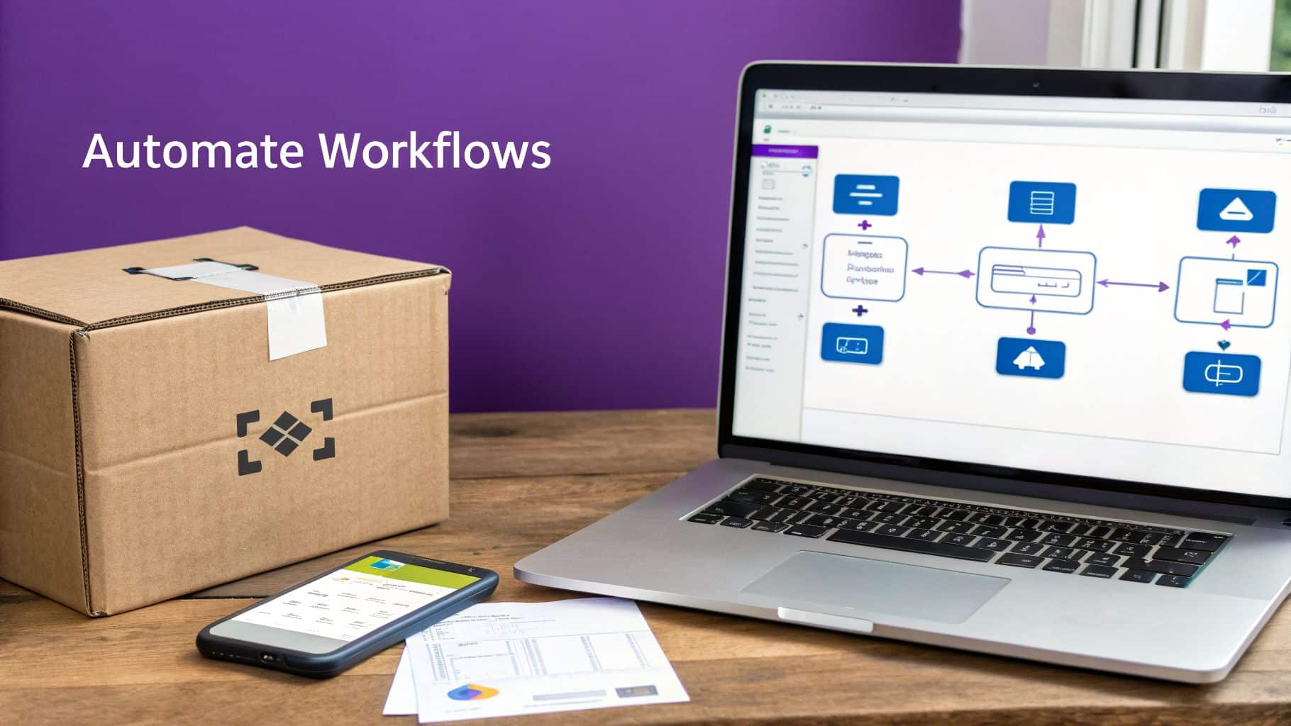 A desk with a laptop displaying a workflow diagram, a smartphone, and a cardboard box, with text 'Automate Workflows'.