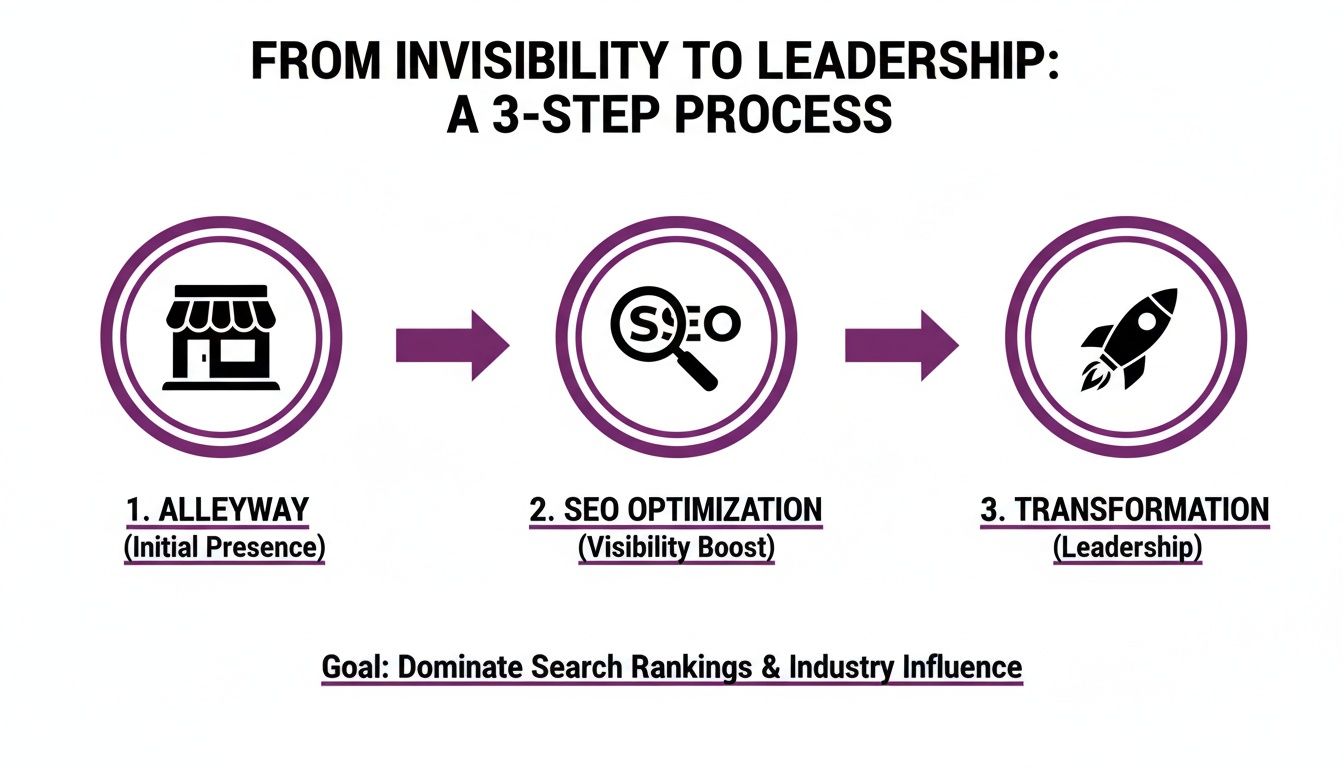 Infographic illustrating a 3-step process from initial presence to leadership via SEO boost.