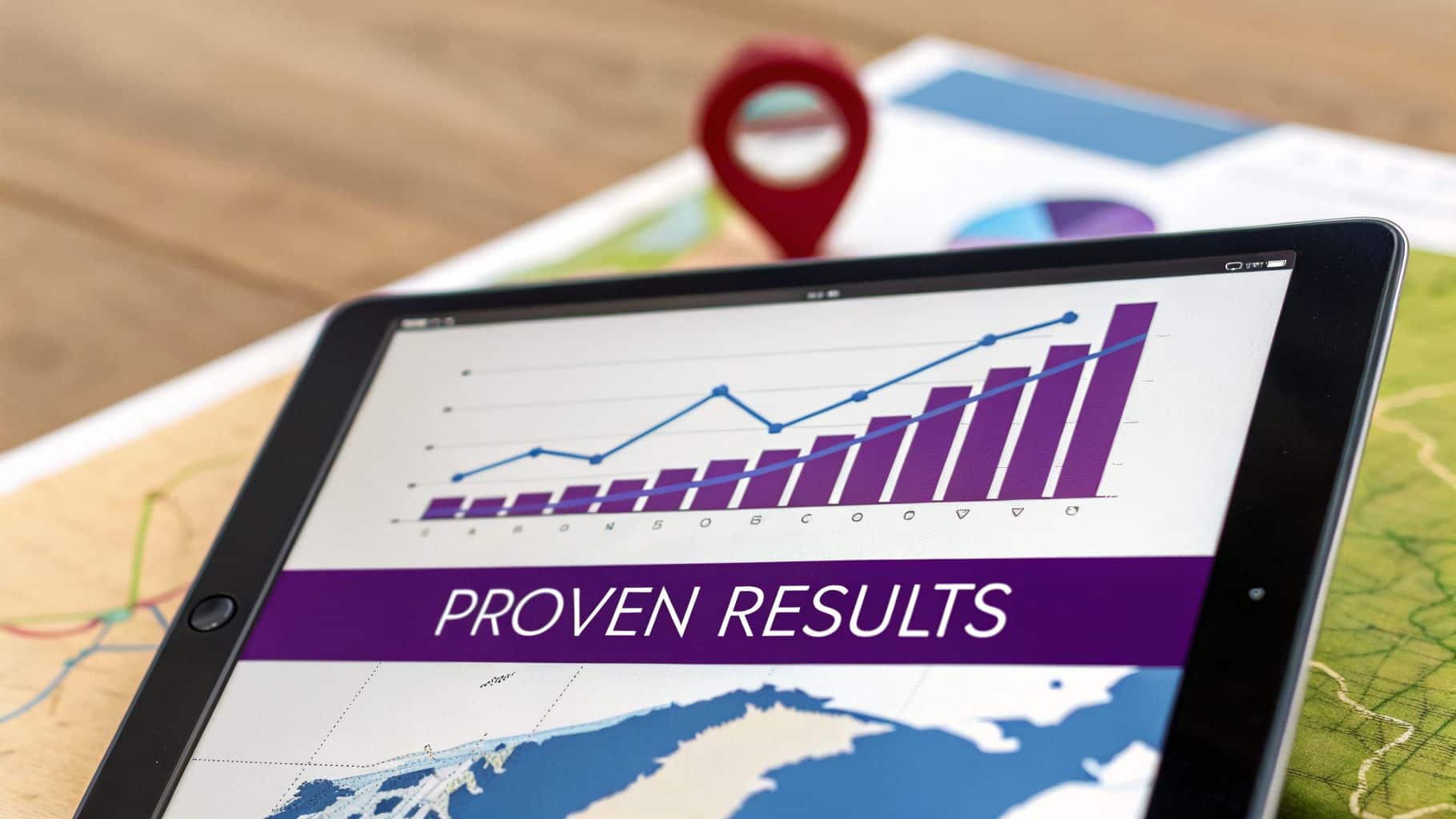 A tablet displays a bar and line graph showing increasing trends and the text 'PROVEN RESULTS'.