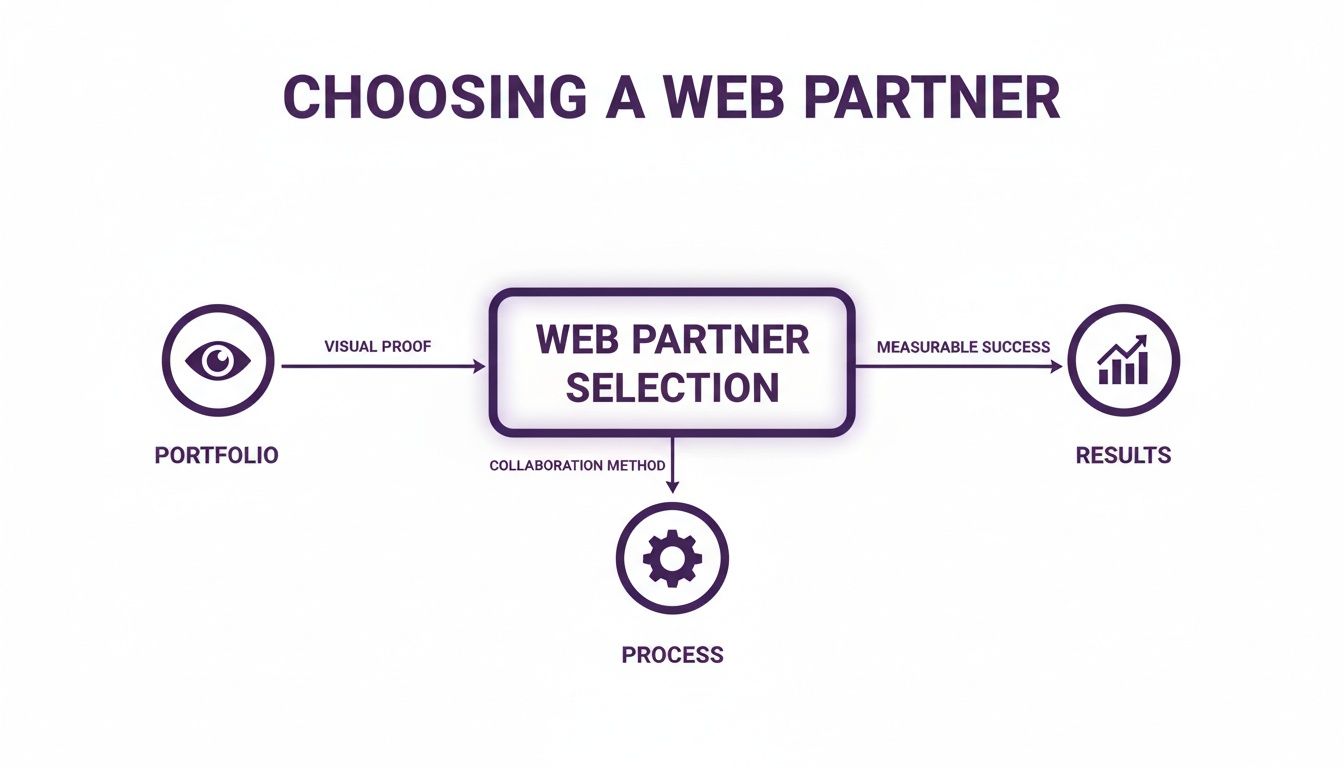 A flowchart showing the criteria for choosing a web partner: portfolio, process, and measurable results.