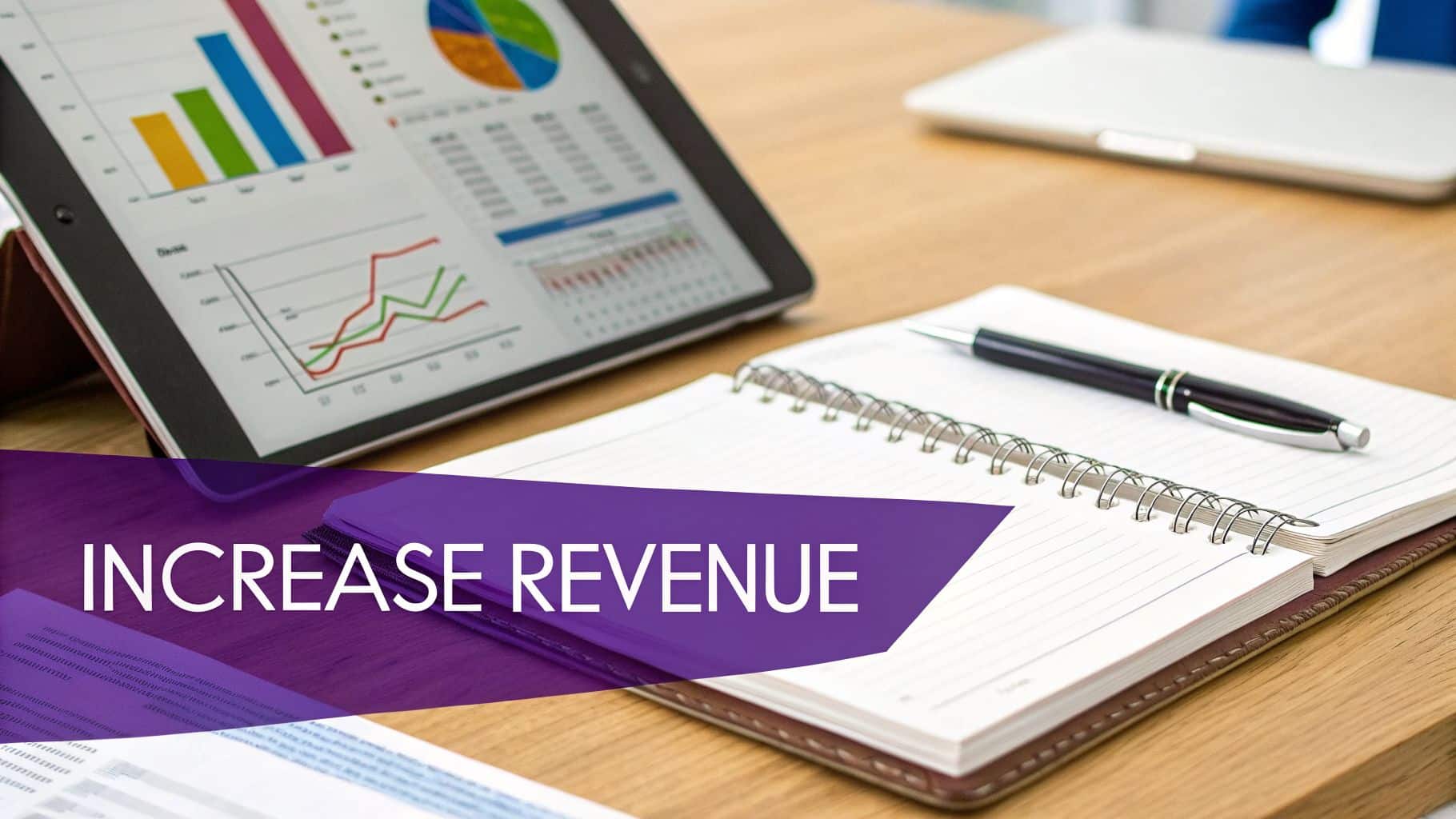 A tablet displays financial charts and graphs on a wooden desk next to a notebook with a pen, with "INCREASE REVENUE" overlaid.