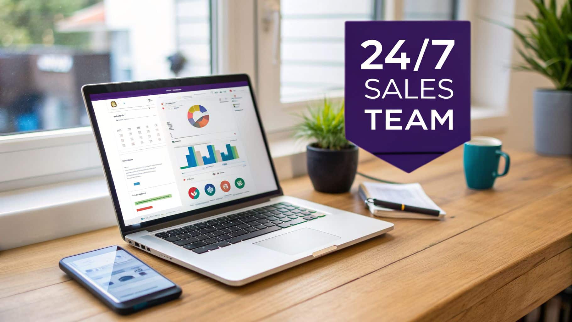 Home office desk with laptop displaying a business dashboard, smartphone, and a '24/7 Sales Team' banner.