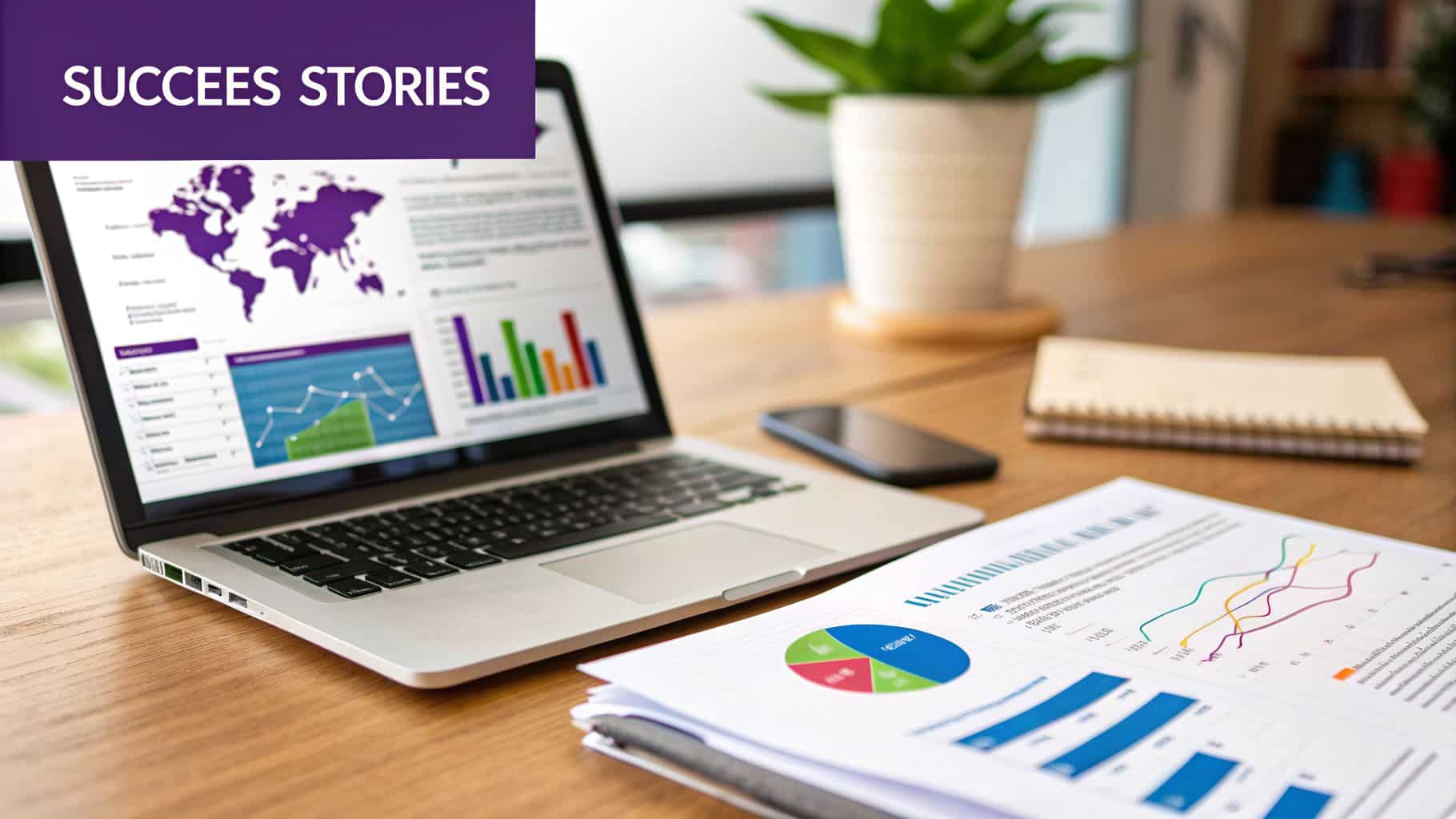 A laptop and documents on a wooden desk displaying business charts and graphs for success stories.