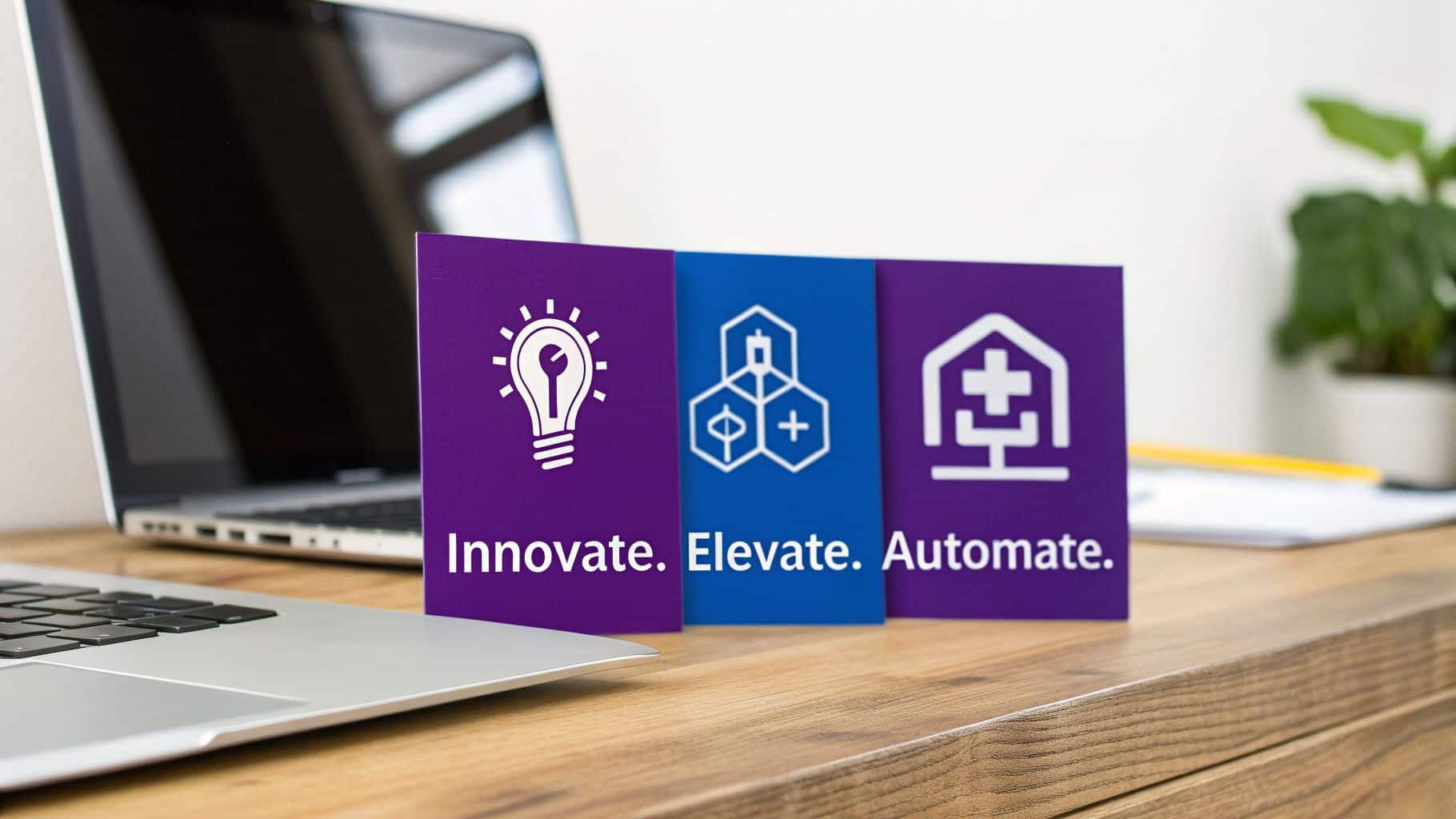 Three cards displaying 'Innovate', 'Elevate', 'Automate' with icons on a wooden desk.