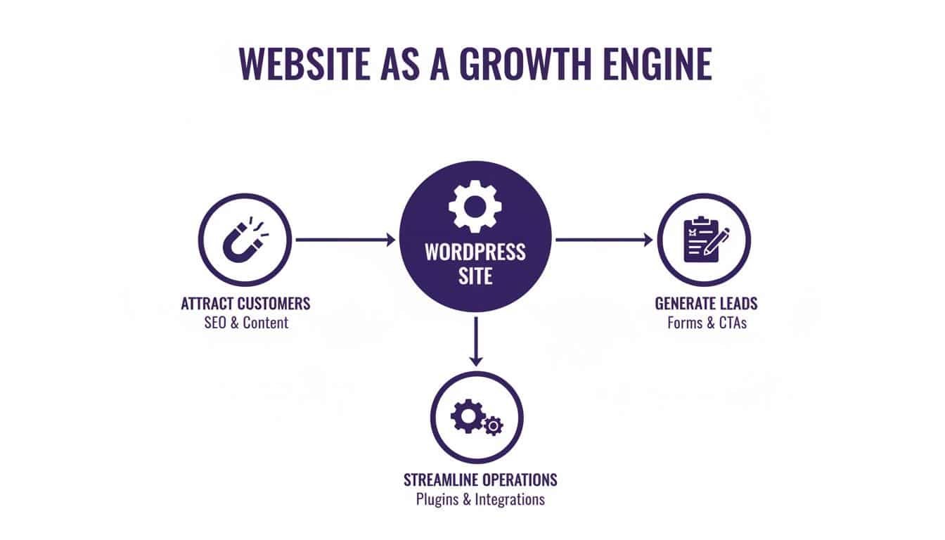 Diagram showing a WordPress site as a growth engine, attracting customers, generating leads, and streamlining operations.